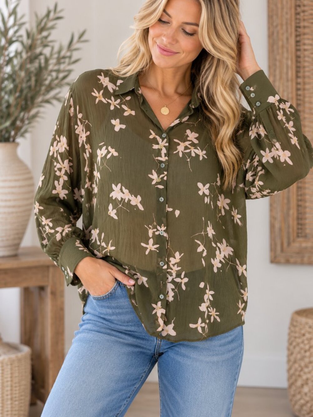 Lovestitch Printed Dolman Sleeve Button Up Sheer Blouse Size: M